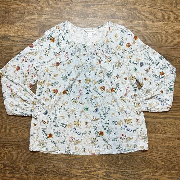 Christopher & Banks Shirt Womens X Large Blue Crinkle Floral Long Sleeve Peasant - Picture 1 of 9